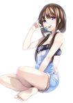  :p barefoot breasts brown_hair candy cleavage cutoffs feet food full_body hair_ornament indian_style kyon_(fuuran) lollipop long_hair looking_at_viewer low_twintails original overalls purple_eyes simple_background sitting small_breasts soles solo strapless tongue tongue_out tubetop twintails white_background 