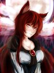  animal_ears blush breasts brown_hair cleavage dress full_moon imaizumi_kagerou jewelry large_breasts long_hair looking_at_viewer mightyhonk moon nature night red_eyes smile solo touhou v_arms wolf_ears 