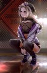  1girl aa-12_(girls_frontline) absurdres bangs_pinned_back between_legs black_footwear black_hat black_legwear black_panties blue_eyes blurry blurry_background bright_pupils chain-link_fence character_name clothes_writing collarbone commentary crop_top double_vertical_stripe drawstring eyeshadow fence full_body fur-trimmed_jacket fur_trim girls_frontline grey_hair grey_jacket hair_ornament hand_between_legs hat highres ice jacket long_hair long_sleeves looking_away looking_up makeup mouth_hold no_pants panties reflection reflective_floor shoes solo squatting star star_hair_ornament testame thighhighs tsurime underwear unzipped zipper 