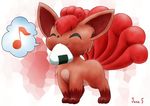  :3 ambiguous_gender blush dialog eyes_closed feral gloves_(marking) hair markings mouth_hold multiple_tails musical_note nintendo onigiri plain_background pok&#233;mon quadruped red_hair smile socks_(marking) solo standing text video_games vulpix white_background whitepigeon 