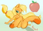  apple applejack_(mlp) bedroom_eyes blonde_hair breasts earth_pony equine female friendship_is_magic fruit fur green_eyes hair hi_res hooves horse long_hair looking_at_viewer mammal mdgusty my_little_pony navel nipples orange_fur plain_background pony presenting pussy sitting smile solo 