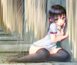  black_hair breasts green_eyes long_hair medium_breasts necktie open_clothes open_mouth open_shirt original shirt showering solo thighhighs wet yamaishi_nohi 