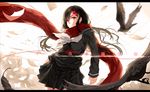  animal bird black_hair feathers hewsack kagerou_project long_hair paper red_eyes scarf seifuku skirt tateyama_ayano tears 