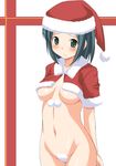  arms_behind_back azumaya_(pomupomu_purin) blush bottomless breasts green_eyes green_hair hat maebari medium_breasts original pom_pom_(clothes) santa_costume santa_hat solo underboob 