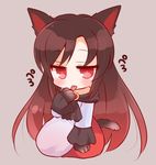  animal_ears bare_shoulders blush brown_hair chibi dress fur imaizumi_kagerou jewelry licking licking_hand long_hair marshmallow_mille red_eyes sitting solo tail tongue tongue_out touhou very_long_hair wolf wolf_ears wolf_tail 