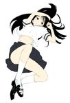  black_eyes black_hair full_body highres kneehighs legs loafers long_hair lying magomago midriff original school_uniform shoes simple_background skirt solo white_background 