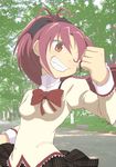  bow grin hair_bow long_hair mahou_shoujo_madoka_magica one_eye_closed ponytail red_eyes red_hair sakura_kyouko school_uniform smile solo yukimura_kaname 