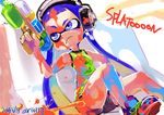  ario bike_shorts blooper blue_eyes blue_hair domino_mask headphones inkling long_hair mask paint_splatter revision shoes short_hair_with_long_locks sidelocks slime sneakers solo splatoon_(series) splatoon_1 super_soaker tentacle_hair 