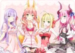  animal_ears blonde_hair blue_eyes breasts casual chachamaru_(youryokuso) cleavage elizabeth_bathory_(fate) elizabeth_bathory_(fate)_(all) fate/extra fate/extra_ccc fate_(series) green_eyes long_hair matou_sakura modern_costume_of_crimson multiple_girls nero_claudius_(fate) nero_claudius_(fate)_(all) pink_hair purple_eyes purple_hair small_breasts tamamo_(fate)_(all) tamamo_no_mae_(fate) twintails yellow_eyes 