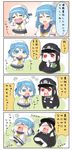  &gt;_&lt; 4koma :d anger_vein aqua_eyes aqua_hair bare_shoulders battleship_hime black_hair blush chibi closed_eyes comic commentary cup double_bun elbow_gloves gloves gradient gradient_background hat highres holding kantai_collection long_hair lying open_mouth pleated_skirt puchimasu! red_eyes school_uniform serafuku shinkaisei-kan short_hair simple_background skirt smile steam translated two-tone_background urakaze_(kantai_collection) waving_arms wavy_mouth white_background white_gloves white_hat white_skin xd yunomi yuureidoushi_(yuurei6214) 