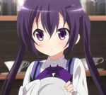  blush bow dishwashing gochuumon_wa_usagi_desu_ka? gochuumon_wa_usagi_desuka? plate purple_eyes purple_hair screencap tedeza_rize twintail twintails violet_eyes 