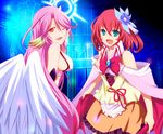  :d ;d angel_wings bare_shoulders blue_eyes breasts feathered_wings halo hand_on_own_cheek jibril_(no_game_no_life) long_hair looking_at_viewer low_wings magic_circle medium_breasts multiple_girls no_game_no_life one_eye_closed open_mouth pink_hair red_hair short_hair smile snowstar stephanie_dora white_wings wings 