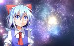  blue_eyes blue_hair bow cirno commentary hair_bow highres hiro_(pqtks113) open_mouth short_hair solo space star_(sky) touhou wings 