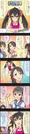  4koma black_hair brown_hair character_name cinderella_girls_gekijou colorized comic green_eyes hair_ribbon highres idolmaster idolmaster_cinderella_girls jewelry long_hair long_image matoba_risa matsubara_saya midriff multiple_girls nishikawa_honami official_art red_eyes ribbon short_hair tall_image translated twintails yellow_eyes 