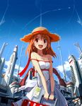  :d bail bangle bare_shoulders blue_sky blush bracelet breasts brown_hair cityscape cleavage collarbone condensation_trail day dress earrings hat holding jewelry long_hair luggage medium_breasts open_mouth original outdoors red_eyes science_fiction sky smile solo space_elevator sparkle straw_hat white_dress 