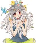  animal animal_on_head animal_on_shoulder bad_id bad_pixiv_id bangs bare_shoulders bird bird_on_head bird_on_shoulder blush bow cockatiel flower_in_mouth freckles grey_hair hair_bow hair_ornament hairclip highres horns jewelry lingmuzi lipstick_tube long_hair nail_polish necklace on_head original parted_bangs red_eyes sidelocks smile solo 
