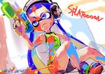  ario bike_shorts blooper blue_eyes blue_hair domino_mask headphones inkling long_hair mask paint_splatter shoes short_hair_with_long_locks sidelocks slime sneakers solo splatoon_(series) splatoon_1 super_soaker tentacle_hair 