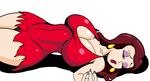  artist_request breasts brown_hair cleavage donkey_kong_(series) dress eyes_closed eyeshadow large_breasts lips lipstick makeup mario_(series) nail_polish panties pauline red_dress red_lipstick super_mario_bros. torn_clothes underwear 