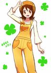  :d brown_eyes brown_hair character_name happinesscharge_precure! oomori_yuuko open_mouth overalls precure shirono shirt short_hair smile solo white_background 