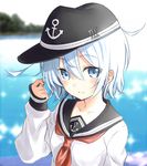  alternate_hair_length alternate_hairstyle blue_eyes hat hibiki_(kantai_collection) kantai_collection natsupa school_uniform serafuku short_hair silver_hair solo 