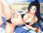  beach bikini black_bikini black_hair blush breasts cleavage day green_eyes highres holding large_breasts long_hair monocle navel o-ring o-ring_bikini original ponytail shibayuki side-tie_bikini smile solo swimsuit very_long_hair 