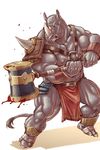  anthro armor balls bandage belt biceps big_muscles bulge grey_skin hammer horn loincloth male mammal muscles nipples pecs plain_background pose rhinoceros solo standing teeth thewielder toned topless weapon 