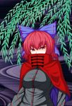  bow breasts cape covered_mouth hair_bow hidden_mouth high_collar highres large_breasts looking_at_viewer red_eyes red_hair sekibanki short_hair solo suirennka_(scar_of_mind) touhou tsurime tunic upper_body willow 