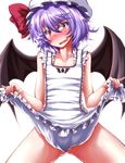 animal_print apron apron_lift bat_print bat_wings blue_hair blush collarbone commentary_request embarrassed fang flat_chest hair_ribbon hat highres looking_at_viewer mob_cap naked_apron no_panties open_mouth partially_visible_vulva red_eyes remilia_scarlet ribbon solo spread_legs tears touhou wings zan_(harukahime) 