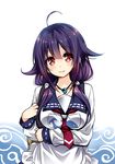 ahoge amagai_yukino blush breasts jewelry kantai_collection large_breasts long_hair looking_at_viewer low_twintails magatama necklace purple_hair red_eyes smile solo taigei_(kantai_collection) twintails 
