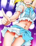  :d arm_garter ayase_eli blonde_hair blush bow breasts crop_top crop_top_overhang dr_rex head_out_of_frame headset lace lace-trimmed_panties love_live! love_live!_school_idol_project medium_breasts midriff miniskirt navel open_mouth panties pointing ponytail short_hair skirt smile solo thigh_gap underwear white_panties 
