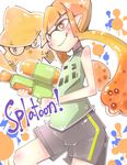  green_shirt gun inkling nasu800 orange_eyes orange_hair pointy_ears shirt short_hair_with_long_locks sidelocks smile solo splatoon_(series) splatoon_1 splattershot_(splatoon) squid tongue weapon 