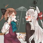  2girls ai_ai_gasa akigumo_(kantai_collection) amatsukaze_(kantai_collection) blush brown_eyes brown_hair closed_eyes dress glove_in_mouth gloves hair_ornament hair_ribbon hair_tubes holding_hand holding_hands itomugi-kun kantai_collection long_hair mouth_hold multiple_girls ponytail ribbon sailor_dress school_uniform smoke translated two_side_up white_background white_hair 