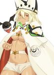  :p beltbra blonde_hair breasts cape cleavage colored_eyelashes cowboy_shot dark_skin esuto expressionless groin guilty_gear guilty_gear_xrd hat highres long_hair looking_at_viewer medium_breasts navel orange_eyes ramlethal_valentine short_shorts shorts tongue tongue_out underboob white_cape 