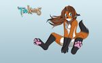  bigger_version_at_the_source black_fur blue_background blue_eyes breasts brown_fur brown_hair canine chest_tuft covering digitigrade female fox fur hair keidran laura_twokinds long_hair looking_at_viewer mammal nishizumi77 pawpads paws plain_background self sitting smile smirk solo tom_fischbach tuft twokinds 