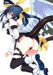  ass asymmetrical_wings bare_shoulders black_legwear blue_hair blush boots breasts choker detached_sleeves dizzy guilty_gear hair_ribbon hiraga_matsuri large_breasts long_hair open_mouth red_eyes ribbon simple_background solo tail tail_ribbon thighhighs twintails white_background wings 