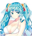  bikini_top blue_eyes blue_hair blush bomu breasts large_breasts league_of_legends long_hair smile solo sona_buvelle twintails 