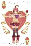  ace ahoge andou_ringo apple black_legwear boooo-im card character_hair_ornament drill_hair food fruit full_body green_eyes hair_ornament heart highres object_namesake outstretched_arms playing_card puyo_(puyopuyo) puyopuyo puyopuyo_7 red_hair red_skirt shoes short_hair shorts shorts_under_skirt skirt smile solo spread_arms standing sweater_vest thighhighs twin_drills twintails zettai_ryouiki 