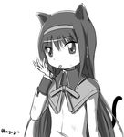  akemi_homura animal_ears black_hair bruise cat_ears cat_tail greyscale hairband injury kemonomimi_mode kouga_(hipporit) long_hair looking_at_viewer magical_girl mahou_shoujo_madoka_magica monochrome ribbon signature simple_background solo tail tongue tongue_out white_background 