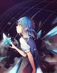 absurdres alternate_hairstyle bad_id bad_pixiv_id blue_dress blue_eyes blue_hair cirno dress highres huanxiang_heitu ice ice_wings puffy_sleeves shirt solo touhou wings 