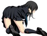  black_hair blush closed_eyes highres kneehighs legs long_hair magomago open_mouth original school_uniform shoes simple_background skirt solo sweatdrop white_background 