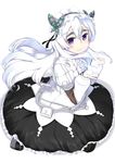  blush boots butterfly_hair_ornament chaika_trabant dress eyebrows frills gigokku hair_ornament hairband highres hitsugi_no_chaika lolita_hairband long_hair looking_at_viewer puffy_sleeves purple_eyes silver_hair smile solo thick_eyebrows 