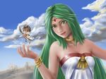  1girl angel_wings arrow bow_(weapon) green_eyes green_hair jewelry kid_icarus kid_icarus_uprising long_hair necklace palutena pit_(kid_icarus) tiara weapon wings 