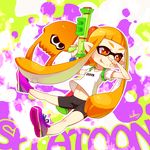  bike_shorts blueberry_(5959) domino_mask flat_chest ink_tank_(splatoon) inkling long_hair mask midriff navel orange_eyes orange_hair paint_splatter pointy_ears shoes short_hair_with_long_locks sidelocks slime smile sneakers solo splatoon_(series) splatoon_1 splattershot_(splatoon) squid super_soaker tentacle_hair 