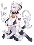  animal_ears bell bell_collar bikini_top bottomless breasts cleavage collar cow_bell cow_ears cow_girl cow_horns cow_tail final_fantasy final_fantasy_xiv grin happy_birthday hooves horn_ribbon horns huge_breasts kneeling lilirulu lips merlwyb_bloefhiswyn nose ribbon roegadyn short_hair smile solo tail tail_raised tattoo underboob white_hair 