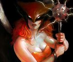  1girl alien blood breasts cleavage dc_comics electricity female hawkgirl mace mask orange_hair solo strapless weapon wings 