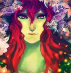  1girl batman_(series) dc_comics female flower green_skin looking_at_viewer plant poison_ivy red_eyes red_hair solo 