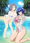  beach bikini blue_eyes blue_hair bra breasts crossover eyepatch green_eyes grey_hair ikkitousen large_breasts long_hair looking_at_viewer multiple_girls official_art open_mouth panties ryomou_shimei senran_kagura short_hair smile summer transparent water wet yumi_(senran_kagura) 