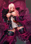  blush breasts dark_templar_(dungeon_and_fighter) dungeon_and_fighter female_slayer_(dungeon_and_fighter) gauntlets ghost_knight_(dungeon_and_fighter) highres inverted_nipples l_axe large_breasts long_hair nipples open_mouth panties pink_hair red_eyes skull solo sword underwear weapon 