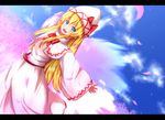  blonde_hair blue_eyes blue_sky bow cherry_blossoms cuon_(kuon) dress from_above hat letterboxed lily_white long_hair long_sleeves looking_at_viewer looking_up open_mouth outstretched_arms petals pink_dress plant ribbon sky smile solo tate_eboshi touhou tree wind wings 