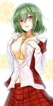  ascot between_breasts breasts green_hair kazami_yuuka large_breasts looking_at_viewer midriff nakaichi_(ridil) no_bra off_shoulder open_clothes open_mouth open_shirt open_vest pose purple_eyes shirt skirt skirt_set solo sun touhou vest 